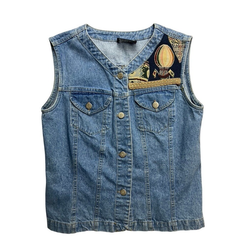 Bentley Arbuckle Womens Denim Vest Hot Air Balloon Tapestry Patchwork Button Up‎